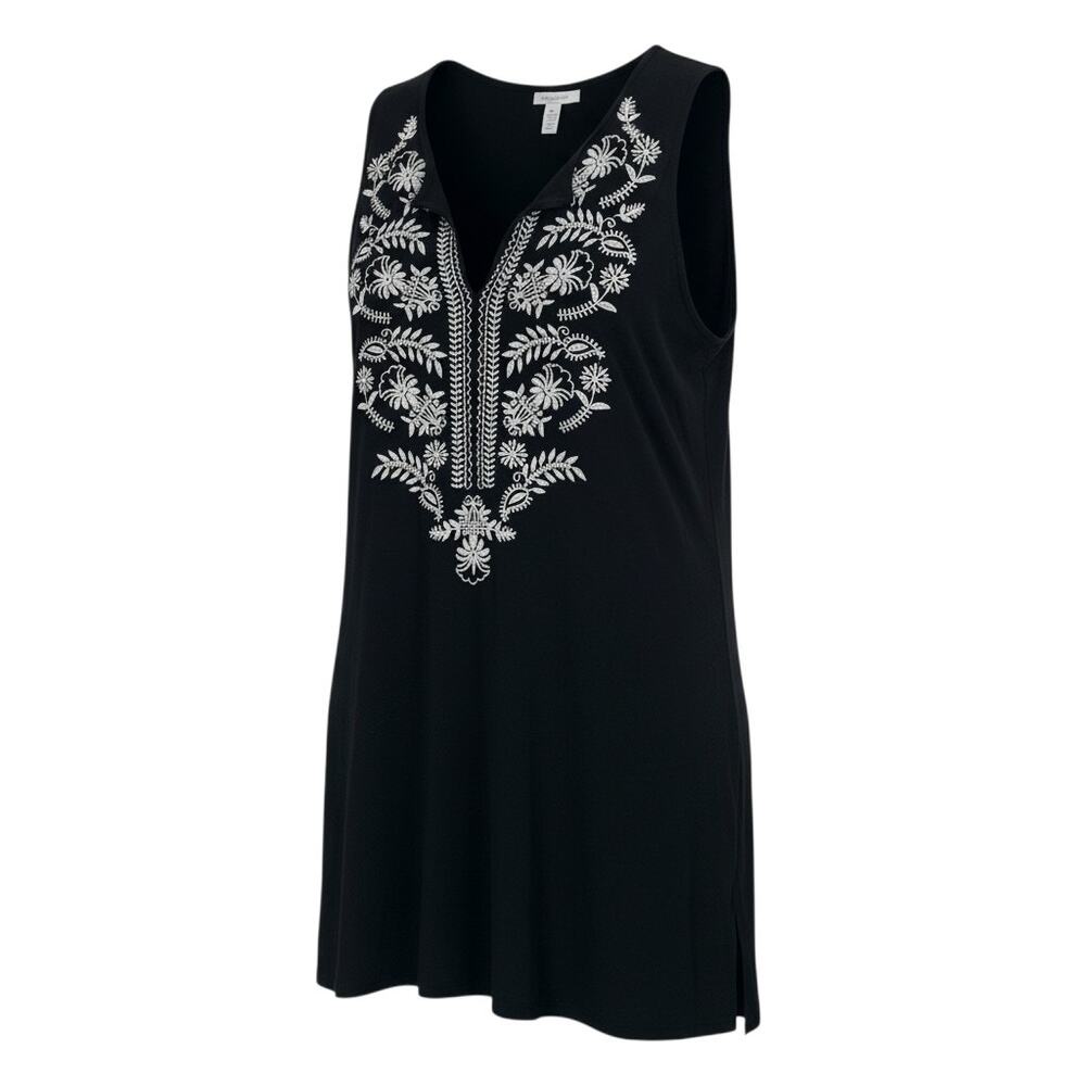 J. Jill Women's Size M Black White Embroidered Sleeveless Cotton Blend Tunic Top